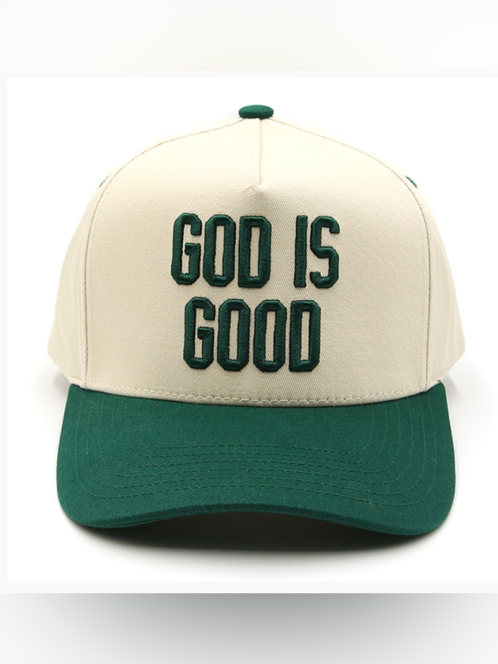 GOD IS GOOD Cream and Green Cap with Embroidered Text